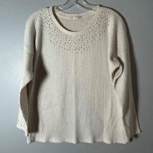 Cream Ribbed Rhinestone Embellished‎ Long Sleeve Crew Neck Top Women's XL